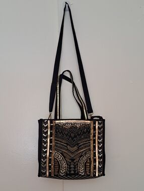American & Beyond Black Tote Bag with Gold Sequin Embellishment Geometric Art